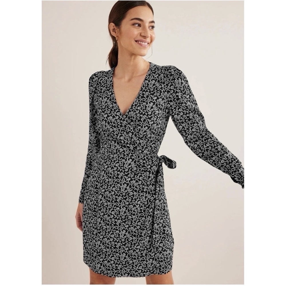 NEW Boden Women's Wrap Dress‎ 6 Black White Swirl Sprig Long Sleeve Floral Mini